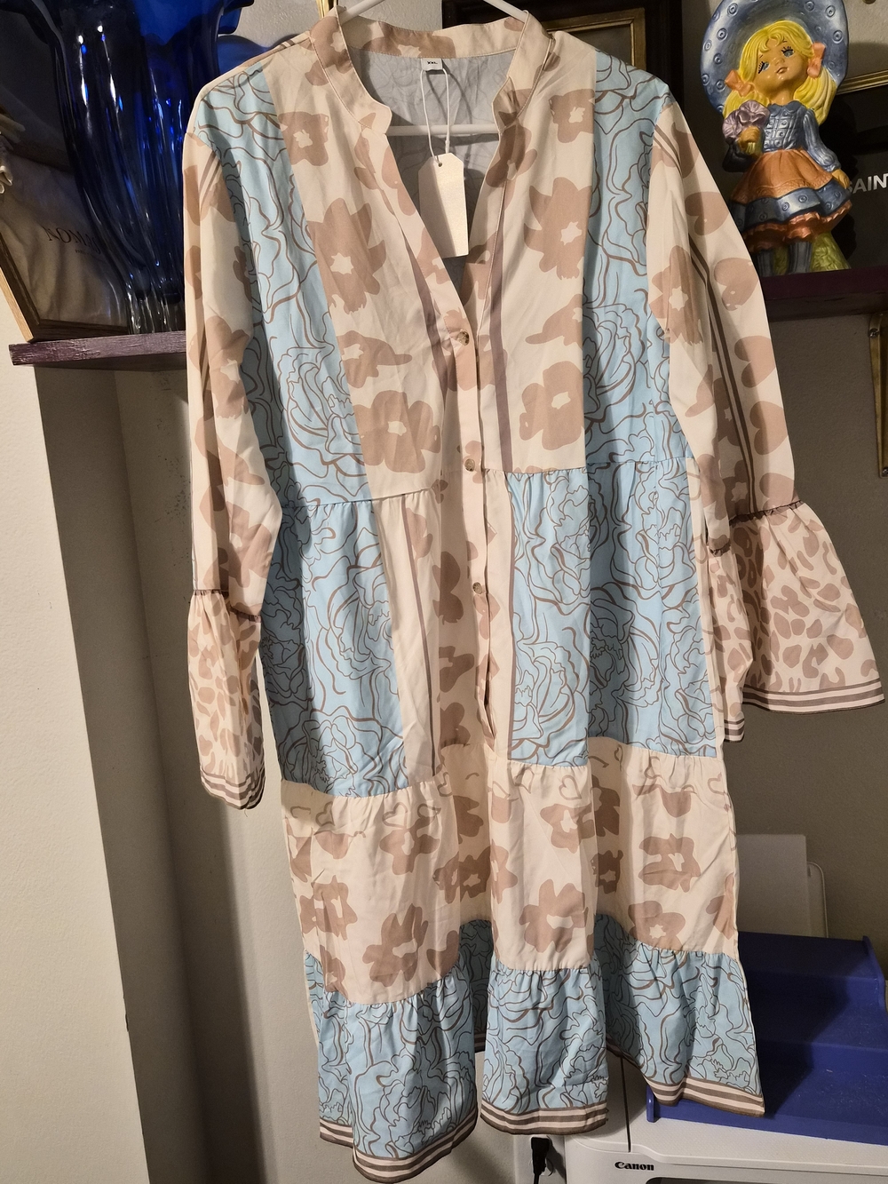 E. Puccio Style Mixed Print Patchwork Tiered Midi Shirt Dress Bell Sleeves NWT